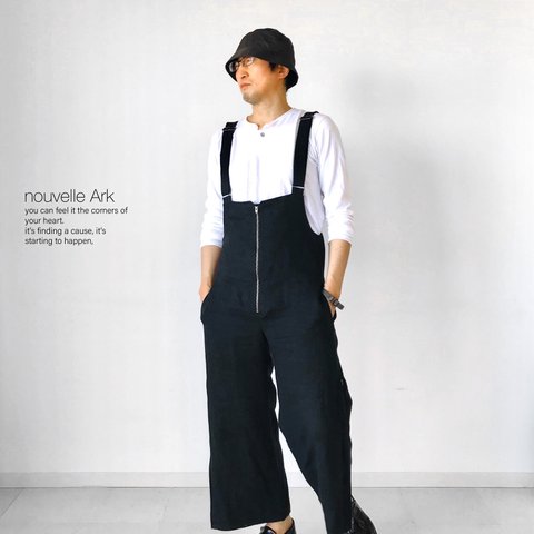 メンズ【men's】  最高品質ヘビーリネンツイル素材　ワイド ピエロパンツ　サロペット