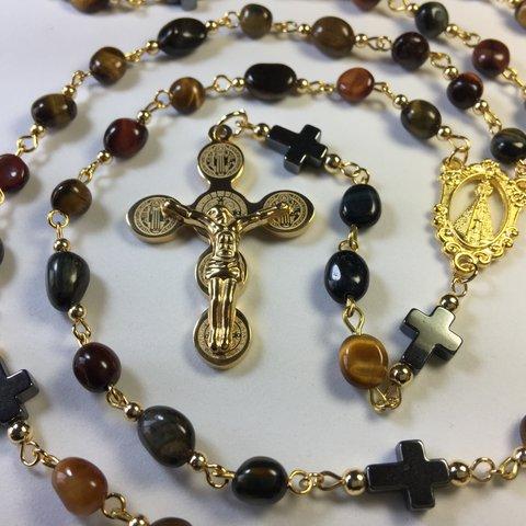 ロザリオ【１点物】(151)タイガーアイ＆ヘマタイト カトリック教会Rosary,Catholic,Prayer Beads,Jesus Christ Crucifixion CrossPendant