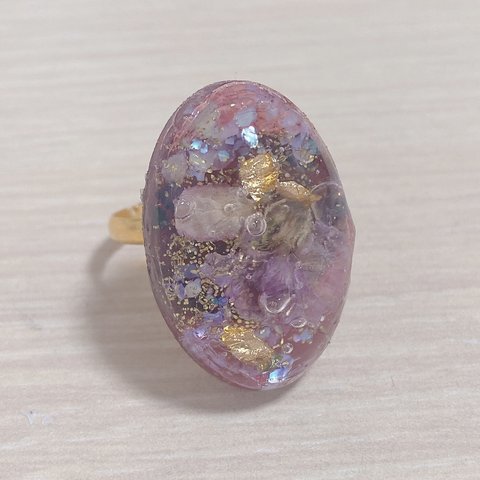 レジンアクセサリー　指輪💍　春　ドライフラワー　ピンク　パープル　リング　アンティーク　ハンドメイド