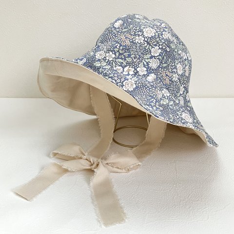 ベビーキッズの帽子　花柄チューリップハット（ボンネット風にもなります）おしゃれなフレッジリボンで結ぶタイプ　夏の日除け、紫外線対策に☆（こどもサイズ）