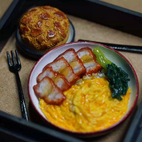 ミニチュアフード 「チャーシューと卵のチャーハン」+パン+フォーク+ナイフ お弁当