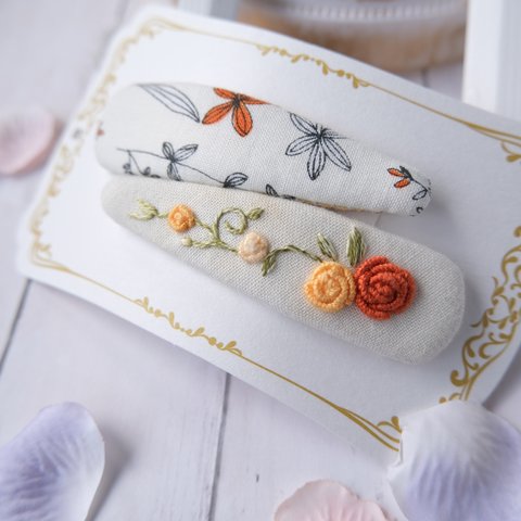 薔薇刺繍と花柄のぱっちんピンSet(オレンジB)