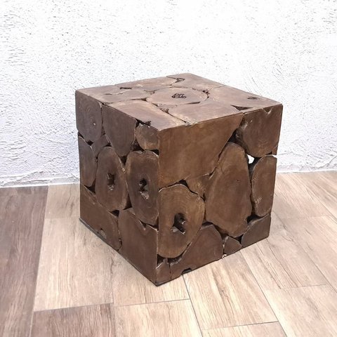 チーク キューブ型 木製 ブロックスツール マホガニー色　cha222