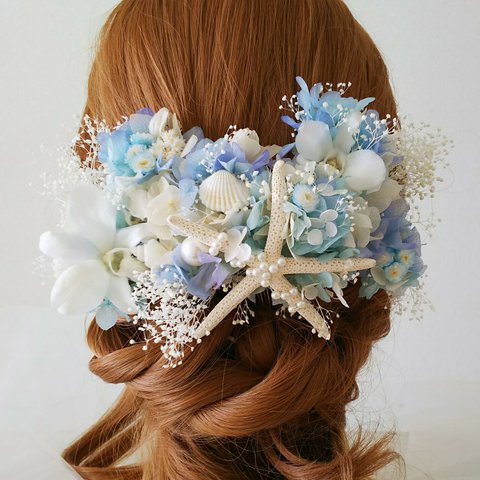 【カラー変更OK】スターフィッシュ　ヘッドドレス 花 髪飾り 結婚式 蘭 ホワイト ブルー  リゾート ウェディング