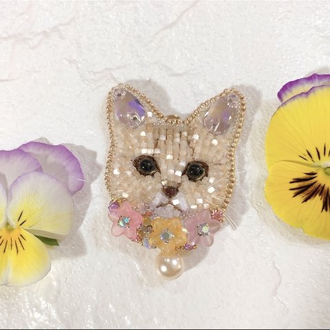 猫のアビシニアンのお顔だけビーズ刺繍