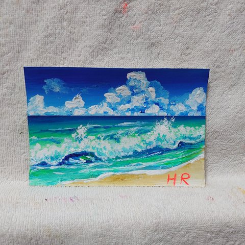 油絵  ハガキ 海と波