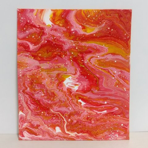 原画　赤　ピンク　黄色　マーブル　ポーリングアート　フルイドアート　抽象画　オリジナルアート　インテリア　NO.94　現代アート
