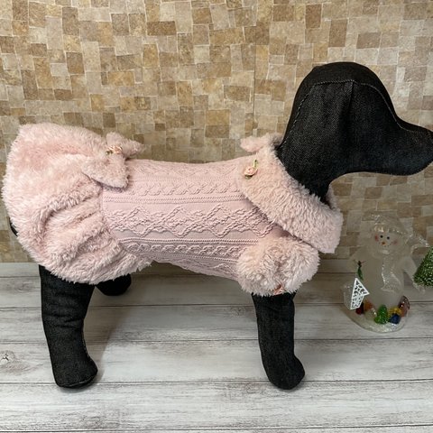 小型犬ボア衿袖スカートアラン風ニットワンピース