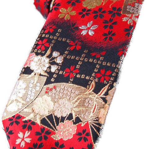 和柄ネクタイ　西陣織の豪華　金らんネクタイ　ハンドメイドの高級ネクタイ 赤黒扇