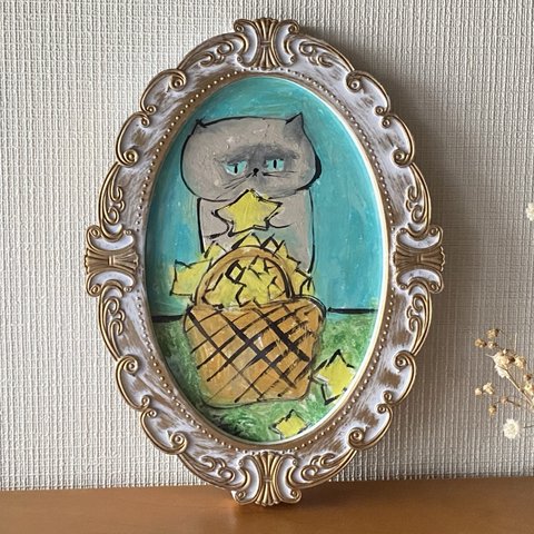 絵画。原画【かわいい猫が願いをかけた星をかごに集めた】