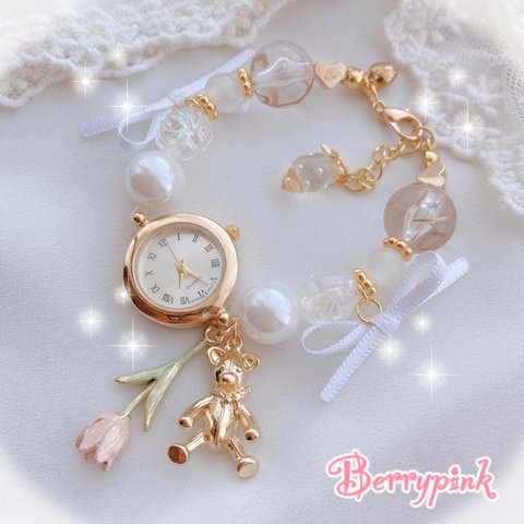 Berrypink♡テディベアとチューリップのブレスレットウォッチ♡腕時計♡ホワイト