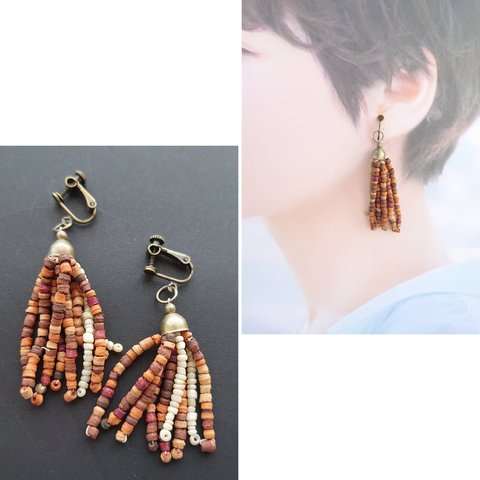 半額以下セール！ウッドビーズ タッセル イヤリング / PohonhandmadeJewelry