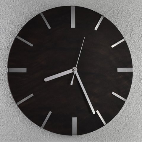 ブラックウォルナットの美しい木目にステンレスの目盛りでシンプルモダンなデザインの木の掛け時計【クォーツ時計】
