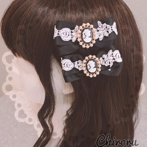 パールカメオローズレース♡‪ヘアクリップ(ブラック×ブラックカメオ) クラシカル ロリィタ メイド 甘ロリ アイドル衣装 お上品  デート リボン 発表会 アイドル衣装 黒 クロ 量産型 地雷