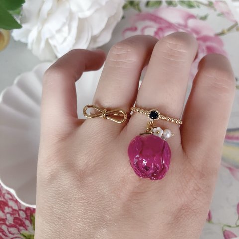 紫色の薔薇バラのフリーサイズ リングセット 指輪～クラシック ゴールド パープル
