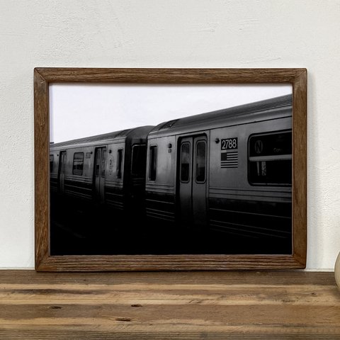 「モノクロアート Train」A4 モノトーン ポスター & 木製 アンティーク 額縁 セット