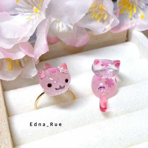 🌸🐱おすわりした桜にゃんこのリング💍 レジン フリーサイズ 猫 ねこ ネコ