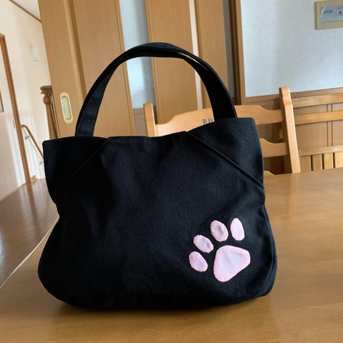 １１号帆布の猫型トートバッグ（肉球ピンクタイプ）