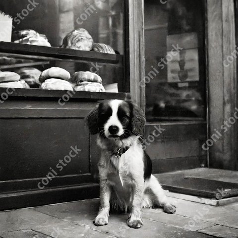 パン屋の前に座っている犬の昔の写真、レトロ、モノクロ、アート、古びた写真　conistock_62880_03