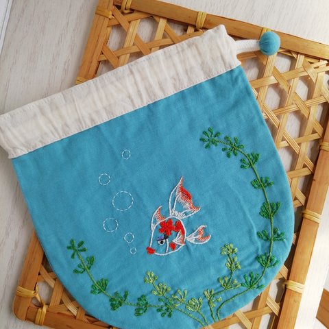 刺繍の巾着（金魚袋　大）★