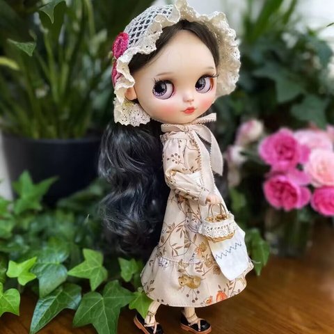 ブライス服 綿 ワンピース 4点セット エプロン 帽子 ob24ドール衣装オビツ24