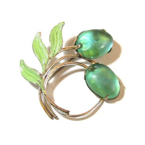50s Vintage Green Frosted Glass Fruits Brooch