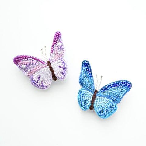 【年末年始ハッピーバッグ🛍】ビーズ刺繍の蝶々のブローチ2点セット(青・紫)
