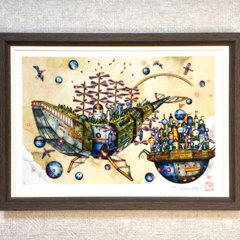 『クジラ型飛行船と浮遊都市』木目調の額装デジタル版画（A4サイズ）