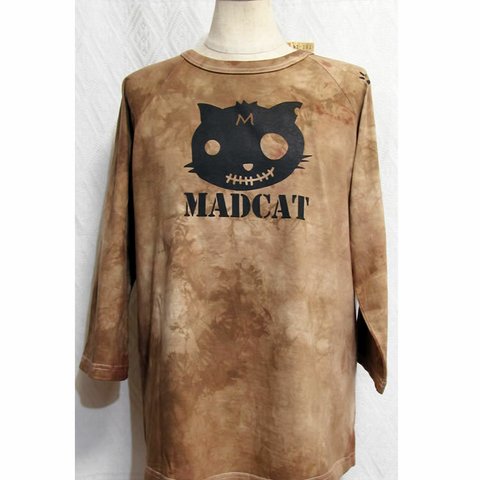 (S)手染め+プリント一点もの七分袖「セピア」MADCAT黒猫Tシャツ（1-102）