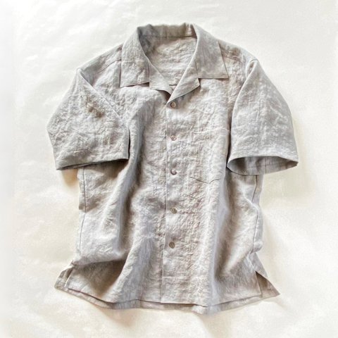 ヴィンテージライク ラミーリネン オープンカラーシャツ ゆったりフリーサイズ　アイスグレー