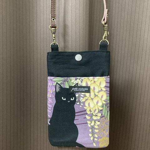 お値下げしました⭐︎百花繚乱黒猫🐈‍⬛柄(パープル)スマホポシェット