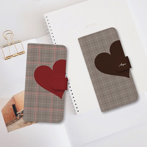 【iPhone15シリーズ対応】Big Heart♡秋色グレンチェック　はめ込み式手帳型ケース 　スマホケース　Android機種ほぼ全機種対応　名入れ