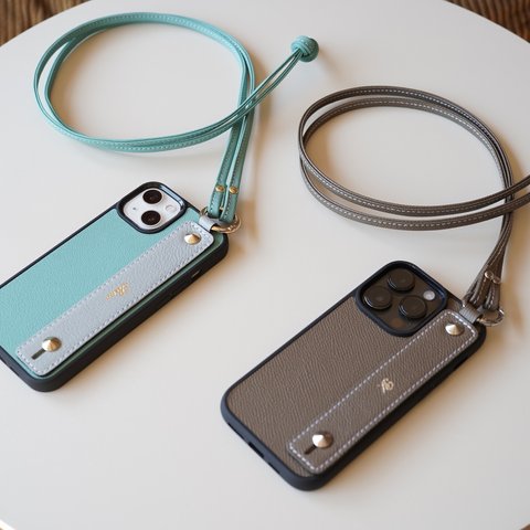 ショルダーストラップ付きプレミアムレザーハイブリッドiPhoneケース 本革  TPU カラーオーダー スマホショルダー