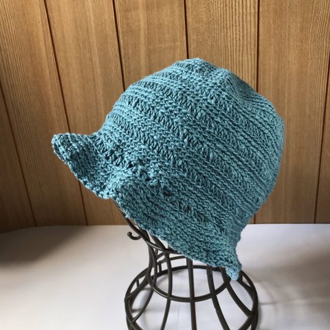 手編み綿、麻糸  春夏帽子ブルーグレー系19