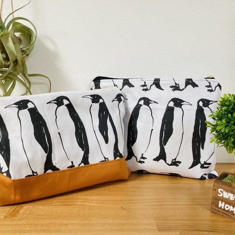 penguin☆モノクロペンギン柄バックの中を整頓大きめファスナーポーチ