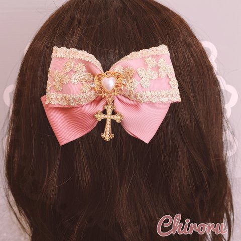 エンブロイダリーパールクロスリボン♡ (ピンク) 量産型 地雷 ヘアメ ゴスロリ ロリィタ メイド アイドル衣装 コンカフェ 病みかわ プレゼント ギフト ハロウィン 刺繍