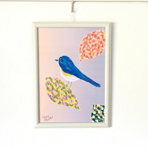 「幸せの青い鳥～ルリビタキ」インテリア絵画ポスター　(絵画プリント＋額装付き)