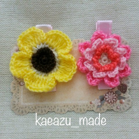 北欧風のお花ヘアクリップyellow＆pink