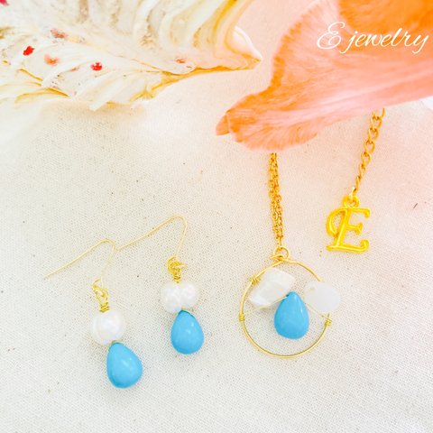 Turquoise blue beads and Pearl Set-ターコイズブルーと淡水パールのピアス&ネックレスセット