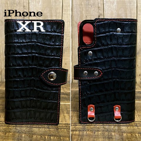 送料無料 手帳型 スマホケース iPhone XR 用 クロコ型押し 革 スマホショルダー ブラック レッド 赤糸