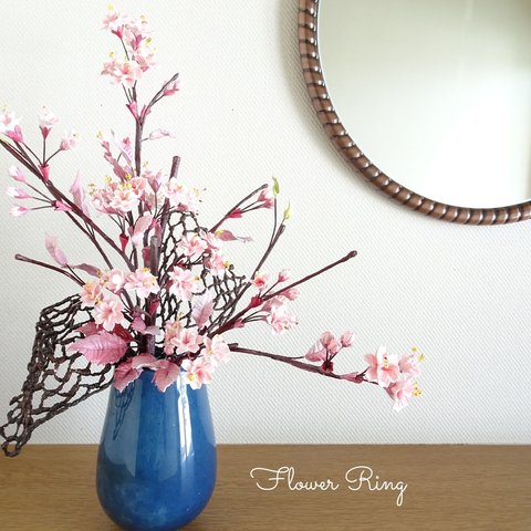 新作【和洋OK♡/八重桜/ガラス/パン粘土】美しくオシャレな桜のパンフラワーアレンジメント