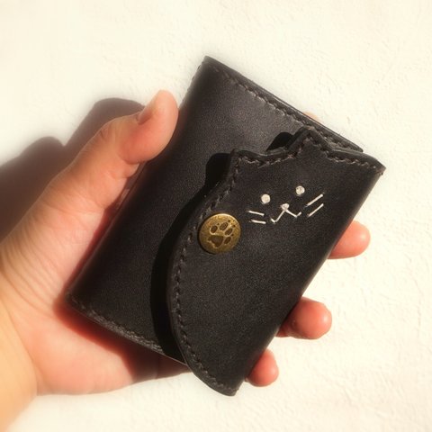 コゲちゃん　小銭入れ　栃木レザー　黒　手縫い　本革　皮　 Leather　猫 送料無料