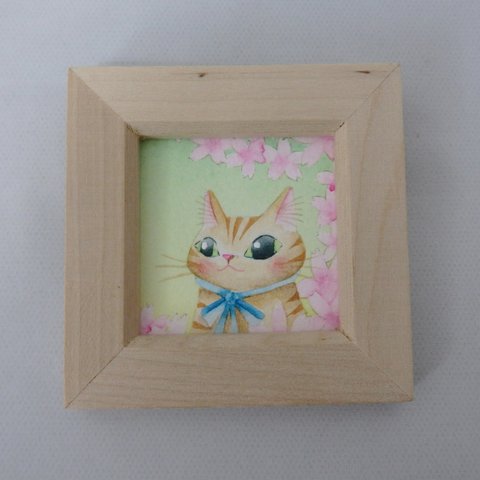 ミニ原画「猫と花（桜」