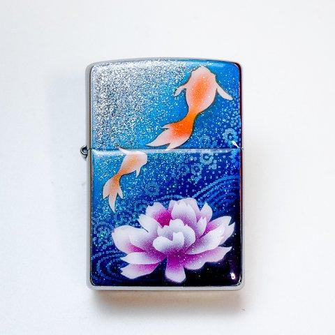 名入れ無料 ZIPPO　牡丹と金魚　ジッポ　ライター 箱付き 