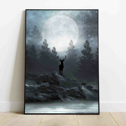 幻想的 月と鹿 モダン アート ポスター シンプル インテリア ウォールアート フレーム 大型 額縁も有