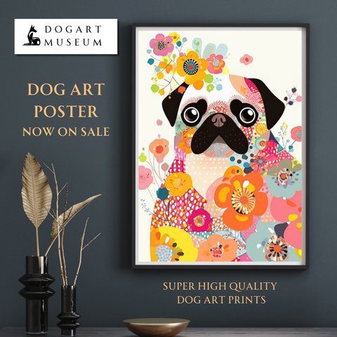 【花とパグ犬の夢の世界 No.1】アートポスター 犬の絵 犬の絵画 犬のイラスト