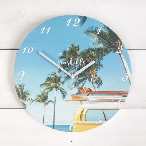 ハワイアンフォト時計 スターフィッシュの壁掛け時計 貝殻とヒトデのプリント ラウンドクロック 丸型 見やすい時計