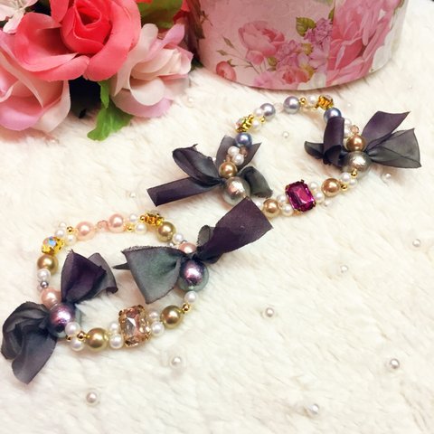 ♡シルクリボン×ビジューブレスレット🎀purplegrey