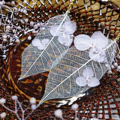 紫陽花とかすみ草のスケルトンリーフピアス/ 葉脈ピアス 【金属アレルギー対応】