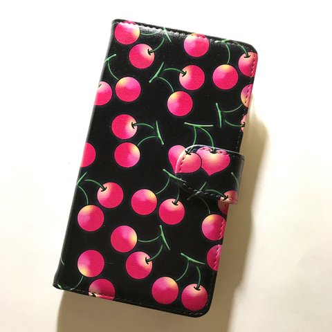 チェリー 可愛い ピンクの さくらんぼ 桜桃  2 黒ベース スマートフォン ほぼ 全機種対応 スマホケース 手帳型ケース 